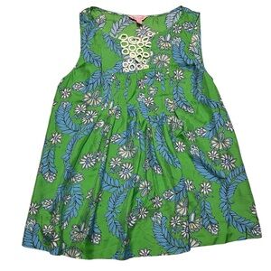 Lilly Pulitzer Green & Blue Silk Sleeveless Blouse Top Front Pleats & Lace Sz 6